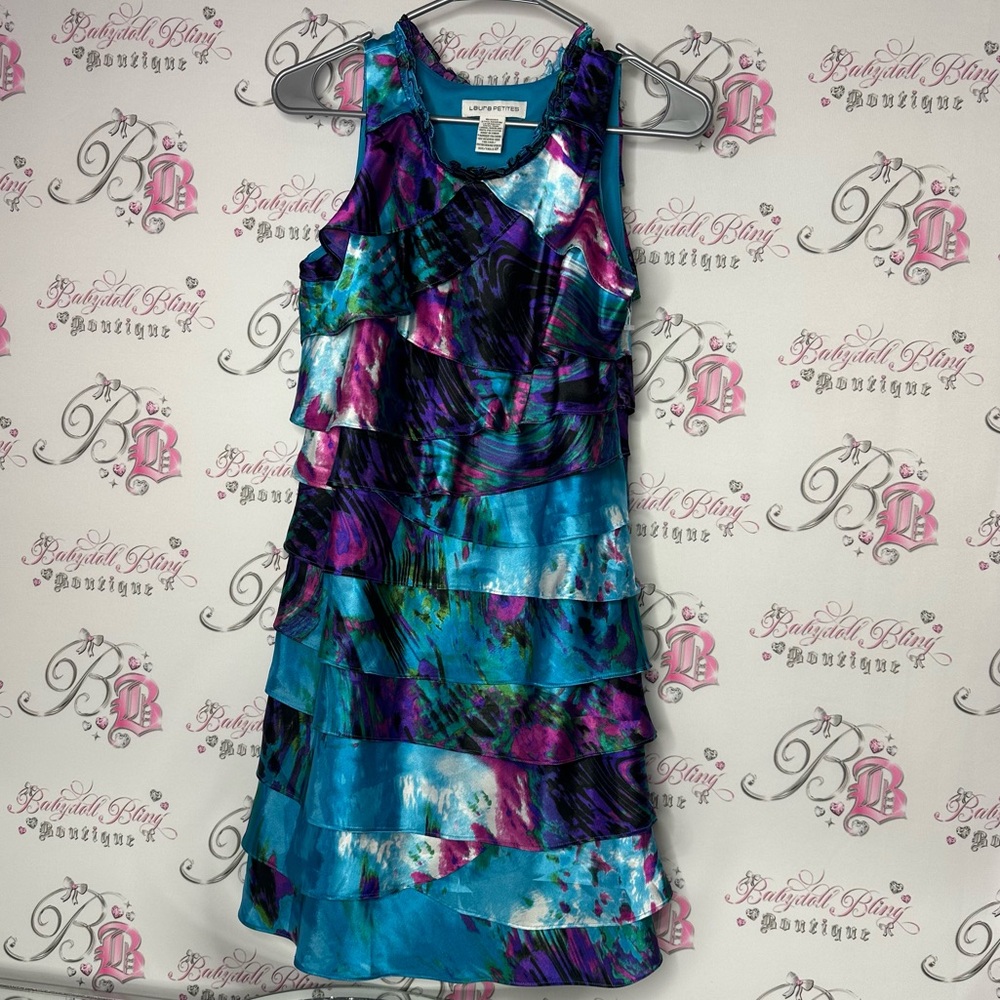 Laura petites dress shimmer ruffle frill tiered multicolor shiny tank style